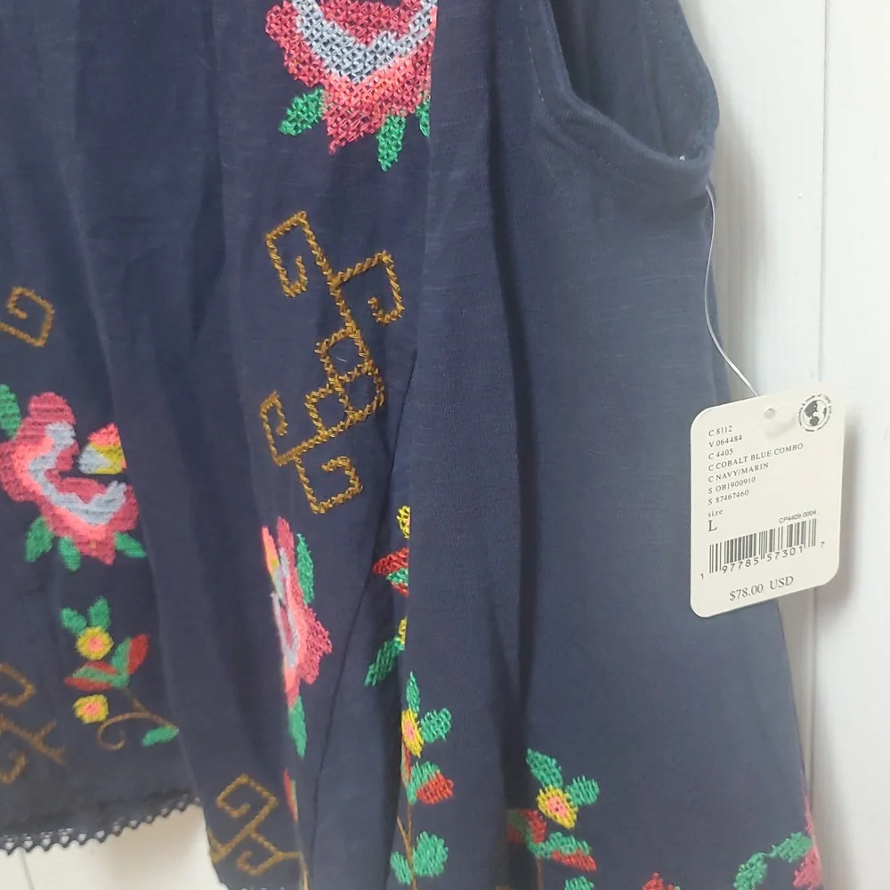 Free People Fun And Flirty Embroidered Top/Cobalt Blue Combo